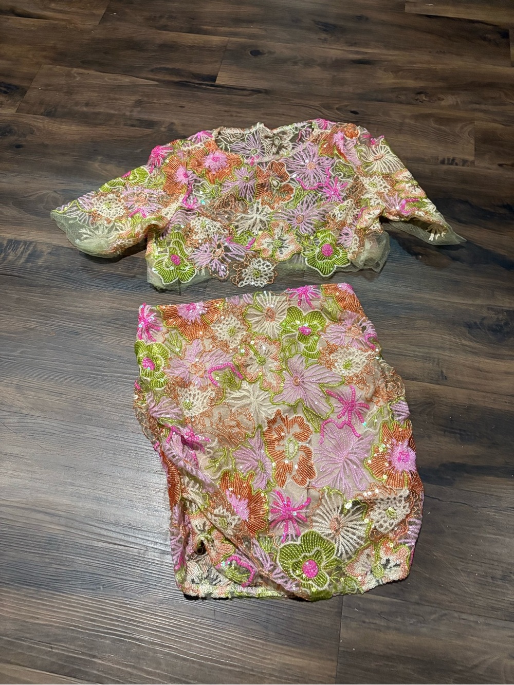 Girls Floral Embroidered Two-Piece Dress Set - Pink & Green